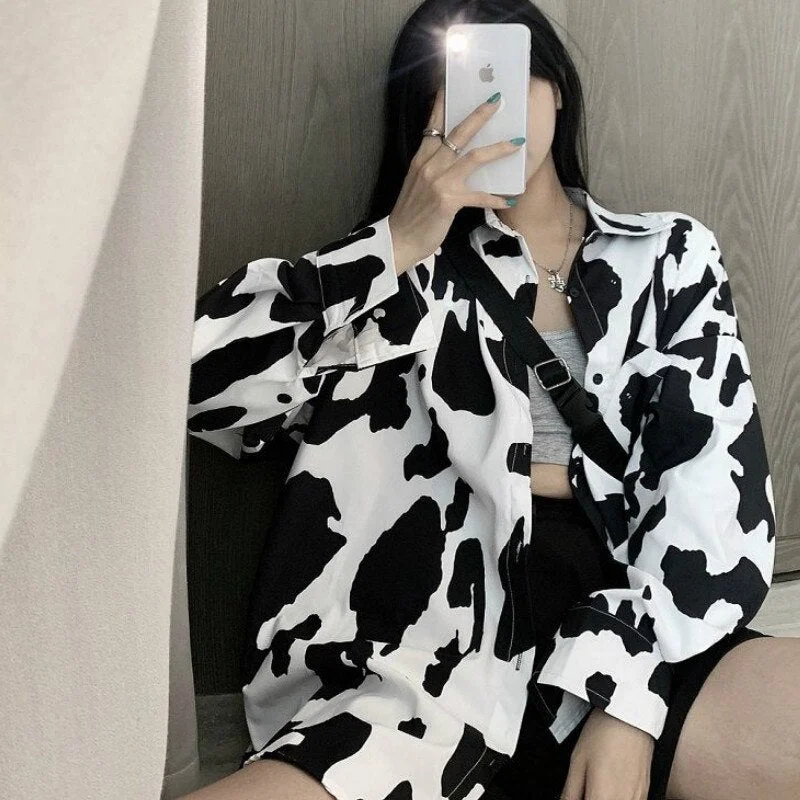 Shirts Womens Cow Pattern Printing Oversize Design Turn Down Collar Casual Loose Korean Style Cool Ulzzang Chic Autumn Fashion