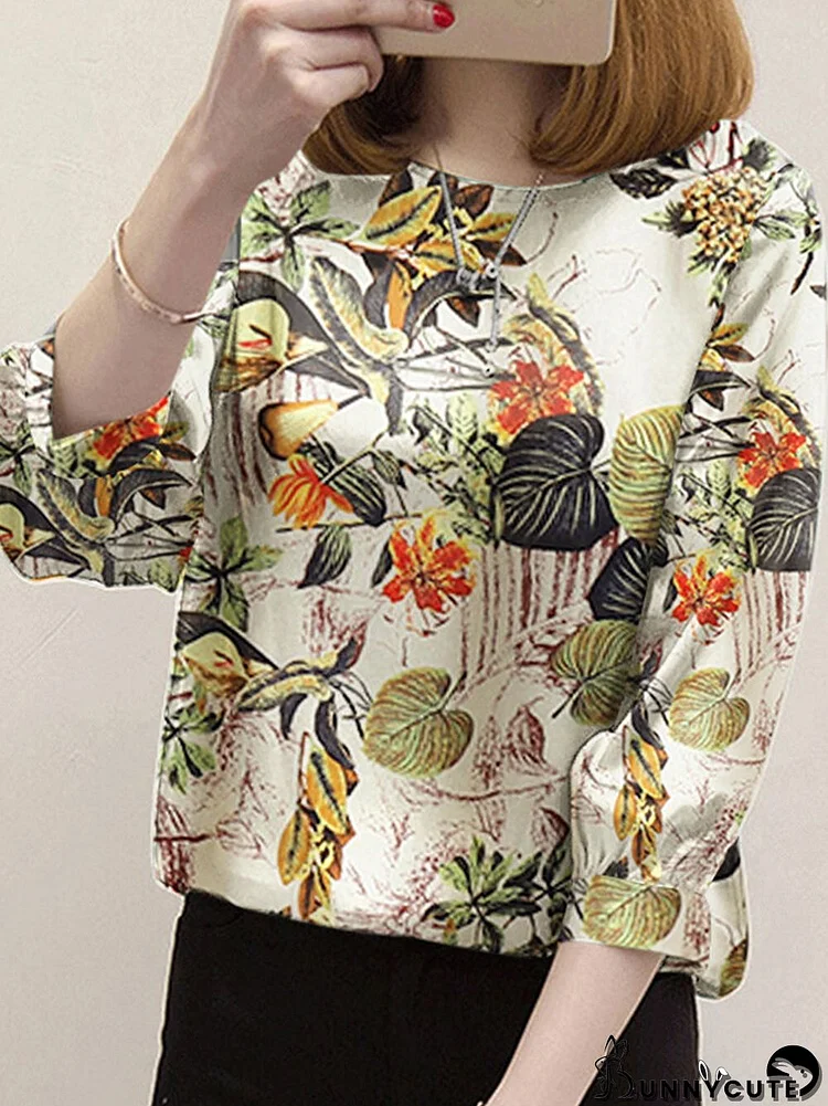 Allover Plants Print 3/4 Sleeve Crew Neck Blouse