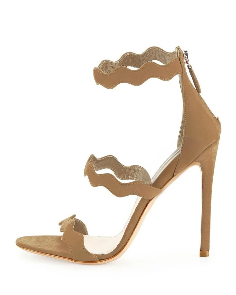 Khaki Waves Pattern Zip Strappy Stiletto Heels Vdcoo