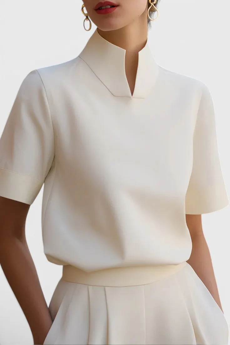 Structured Mandarin-Collar Blouse with Short Sleeves