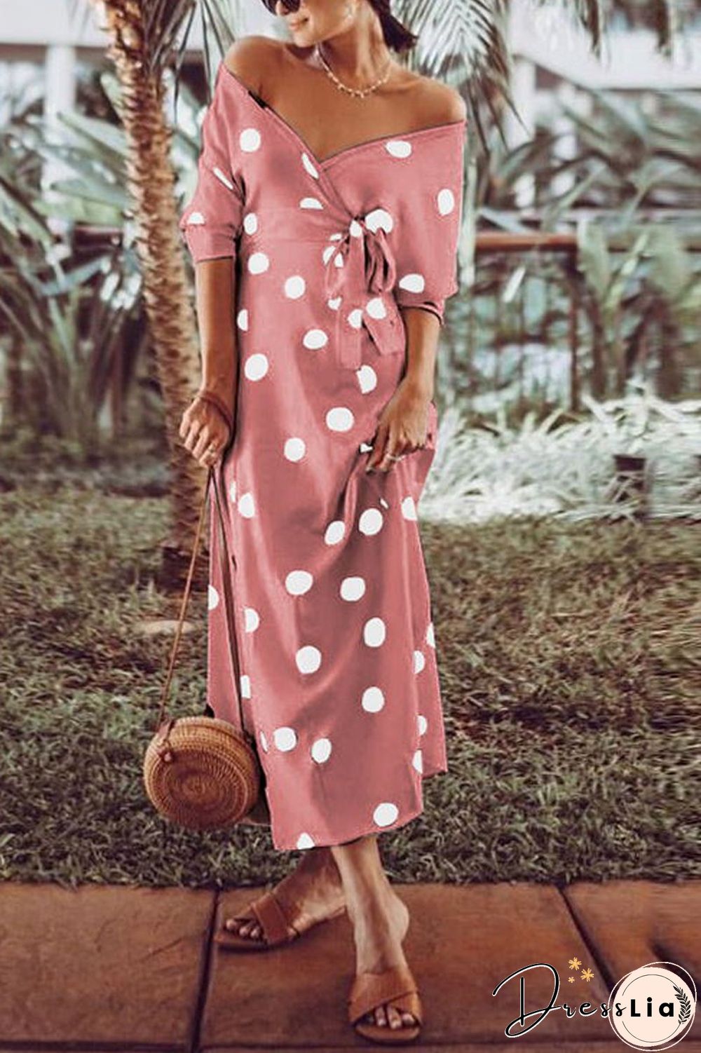 Polka Dot V-Neck Dress(With Belt)