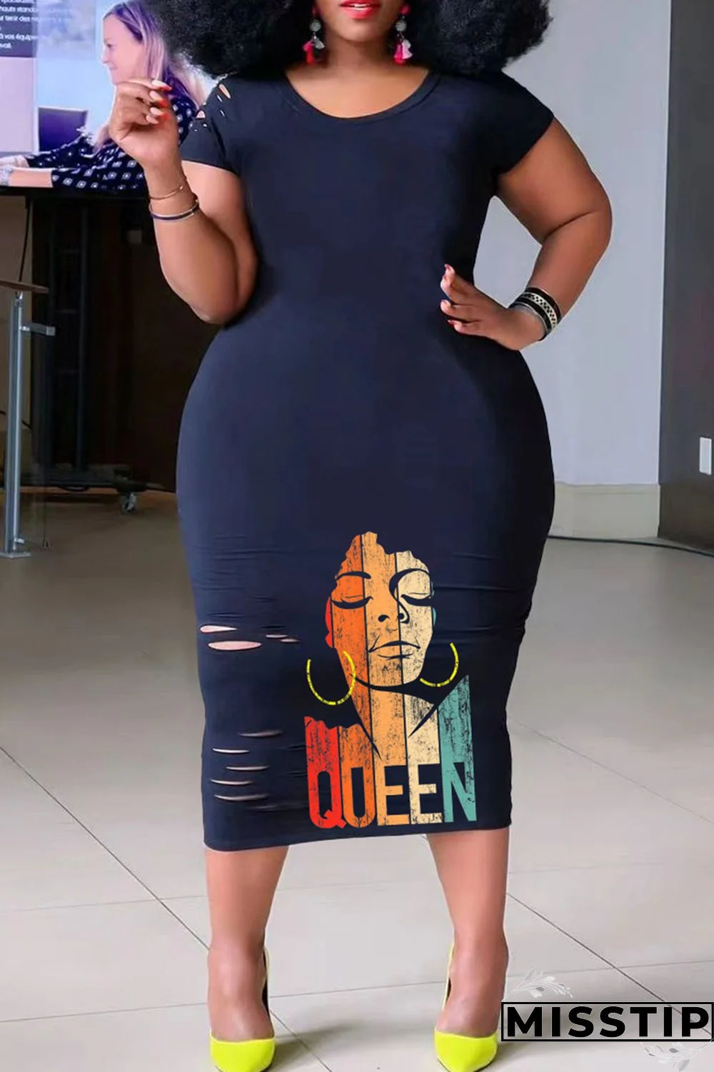 Black Casual Print Ripped O Neck Short Sleeve Dress Plus Size Dresses