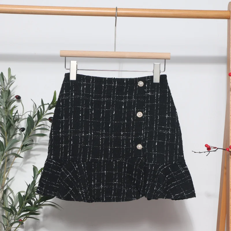 Brownm 2023 New Autumn And Winter Lattice Coarse Flowers Half-Body Skirt High Waist A-Word Bag Hip Irregular Fishtail Skirt 8876