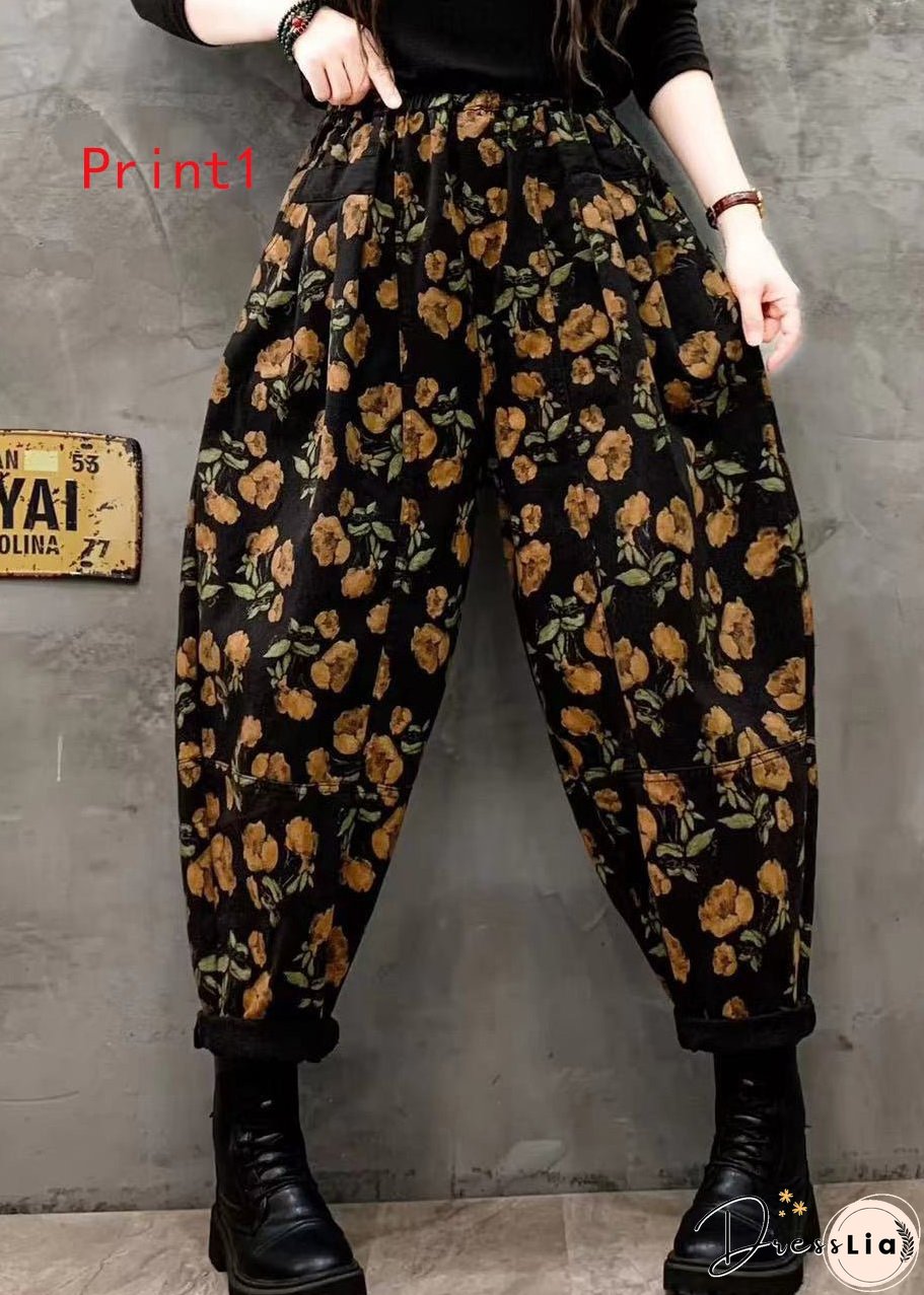 Vintage Floral Print Elastic Waist Denim Harlan Pants Autumn
