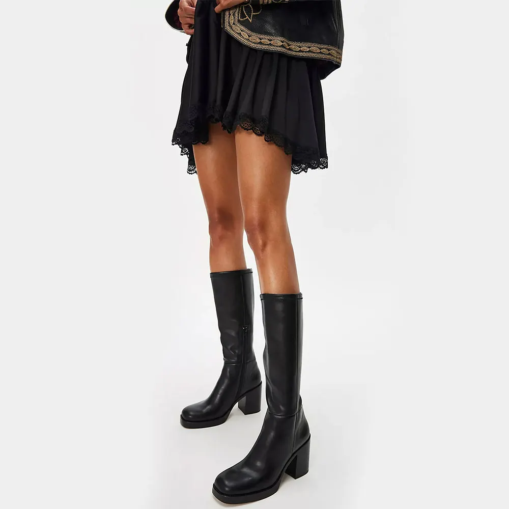 Black Square Toe Platform Chunky High Heel Long Boots for Women