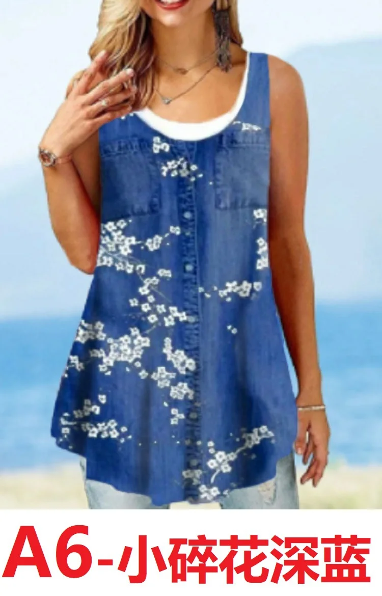 Nigikala Nigikala Women's 2025 Summer New Fashion Imitation Denim Vest Casual Print Sleeveless Top