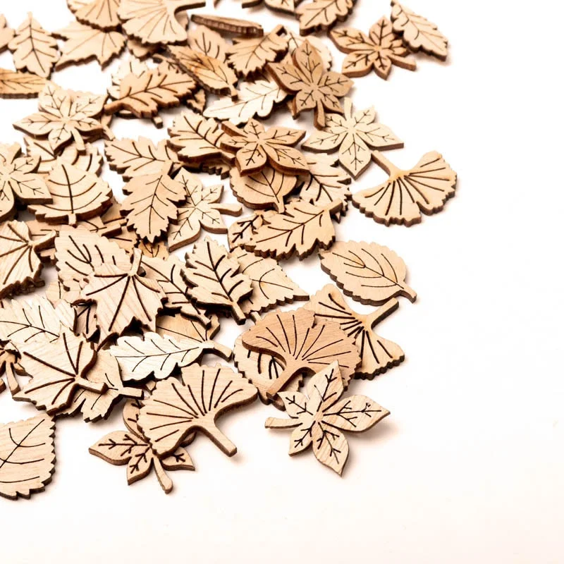 100PCS Natural Wood Leaves Hanging Chips Scrapbooking Wooden Slice Embellishment Ornaments Home Decoration Tools DIY Crafts 28mm