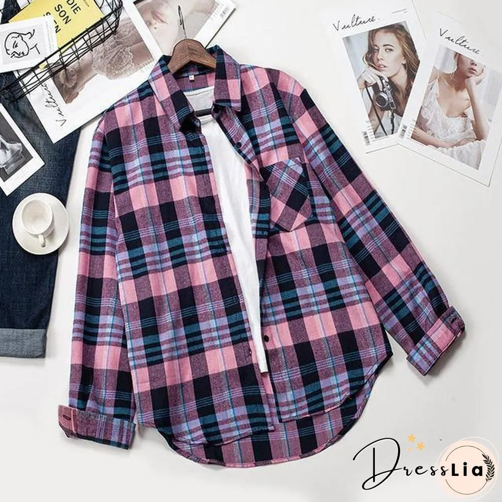 Plaid Shirts Womens Blouses Long Sleeve Lady Checked Tops Loose Female Outwear Casual