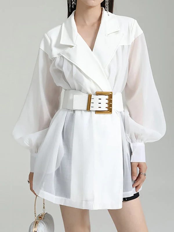 See-Through Split-Joint Tied Waist Loose Puff Sleeves Lapel Blouses & Shirts Tops