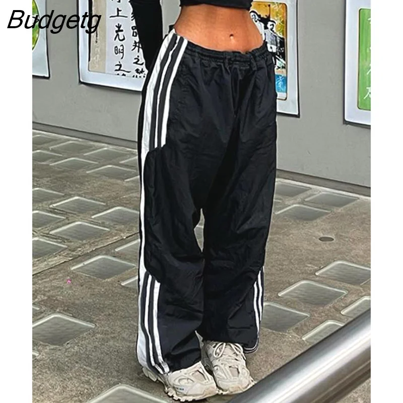 Budgetg Side Stripe Casual Womens Joggers Sweatpants Elastic Low Waist Hippie Baggy Trousers Street Style Straight Pants Y2K