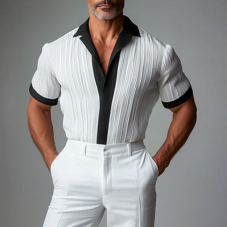 Men's Turndown Collar Short Sleeve Contrast Color Fold Shirt