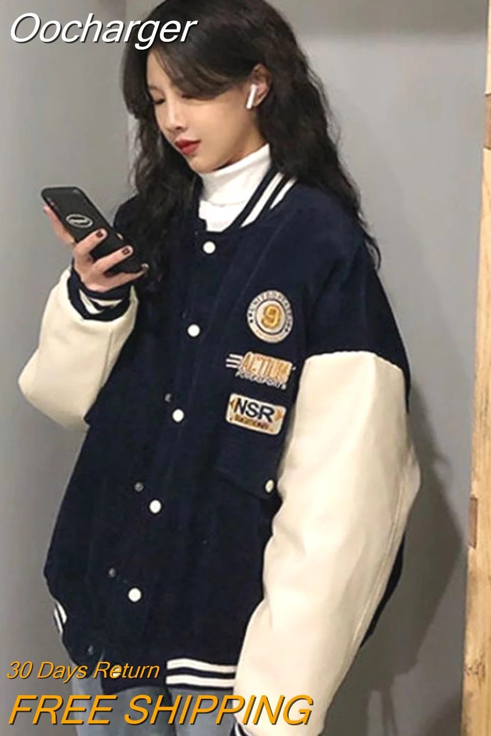 Oocharger Color Stitching Baseball Uniform Women Couple Students 2023 Autumn Winter Vintage Jacket Corduroy Coat Y2K Tide Tops