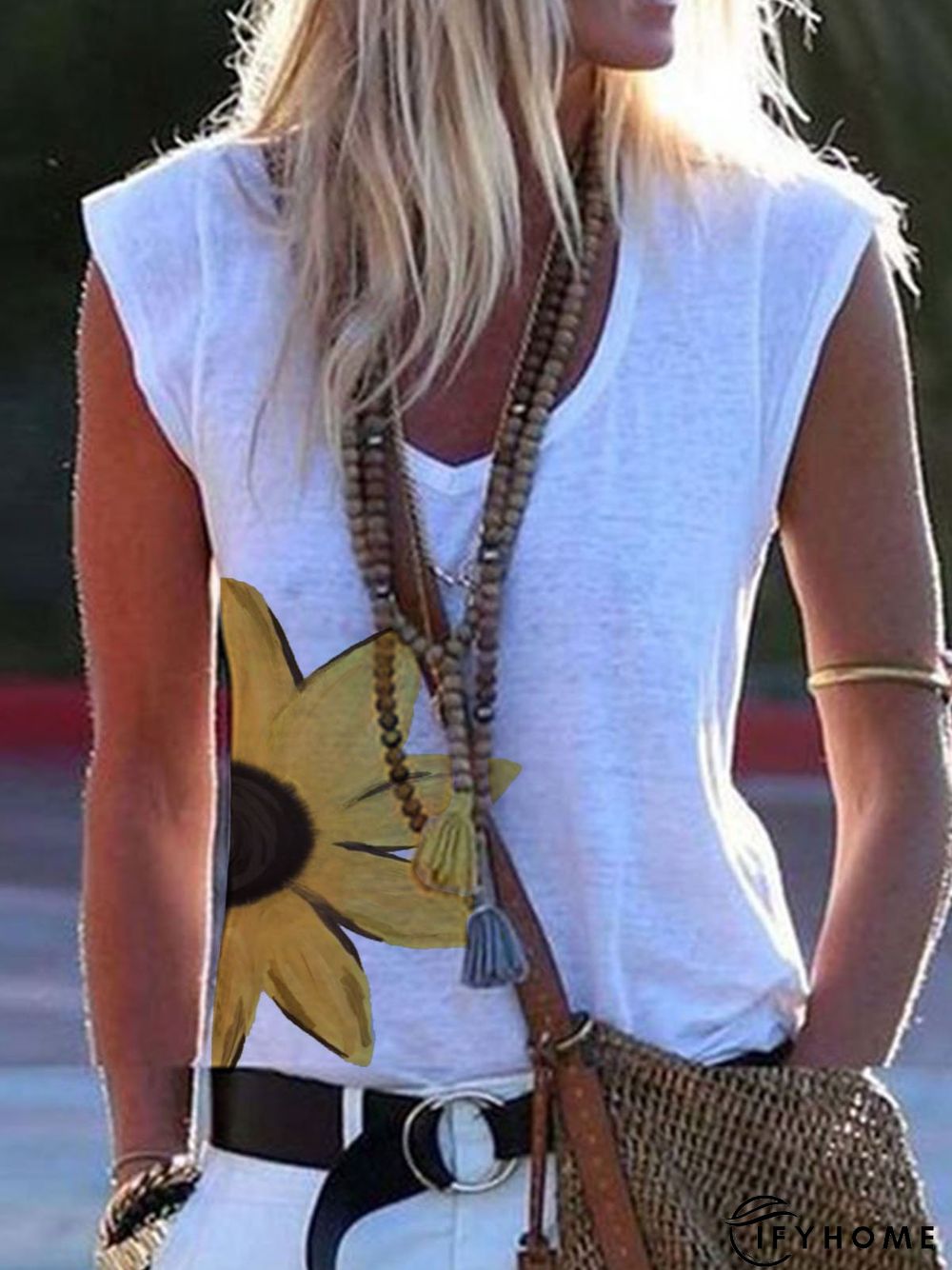 White Casual Sleeveless T-shirt | IFYHOME