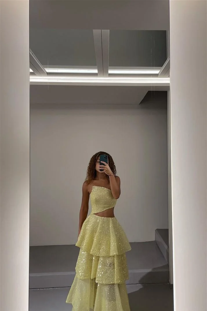 Miabel Glamorous Sequins Yellow Sleeveless Strapless Two Pieces Prom Dress with Ruffles 