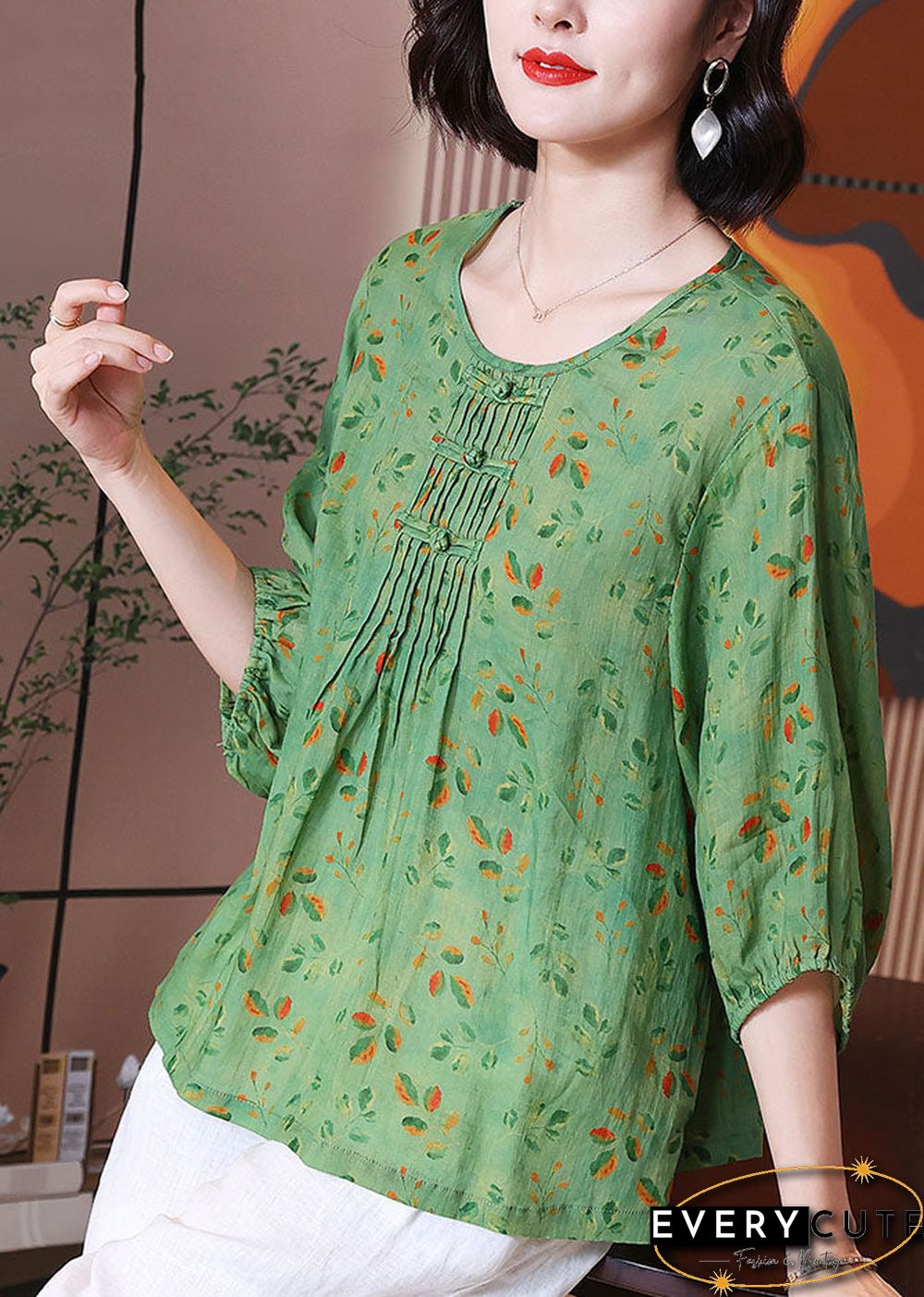Chic Green O Neck Print Wrinkled Patchwork Linen T Shirt Tops Summer