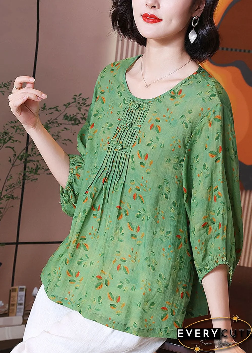 Chic Green O Neck Print Wrinkled Patchwork Linen T Shirt Tops Summer