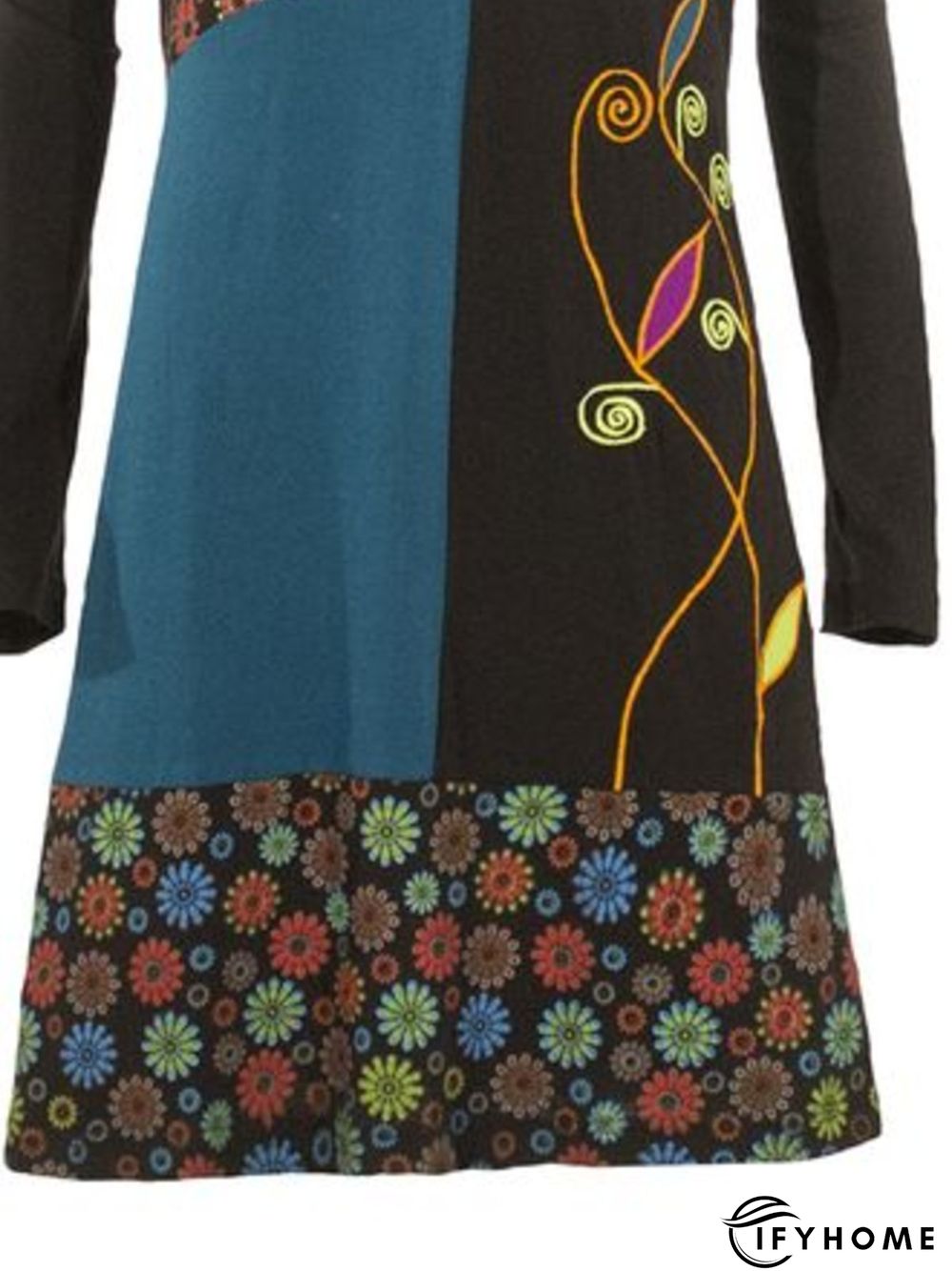 Crew Neck Floral-Print Long Sleeve Casual Knitting Tunic Dress | IFYHOME