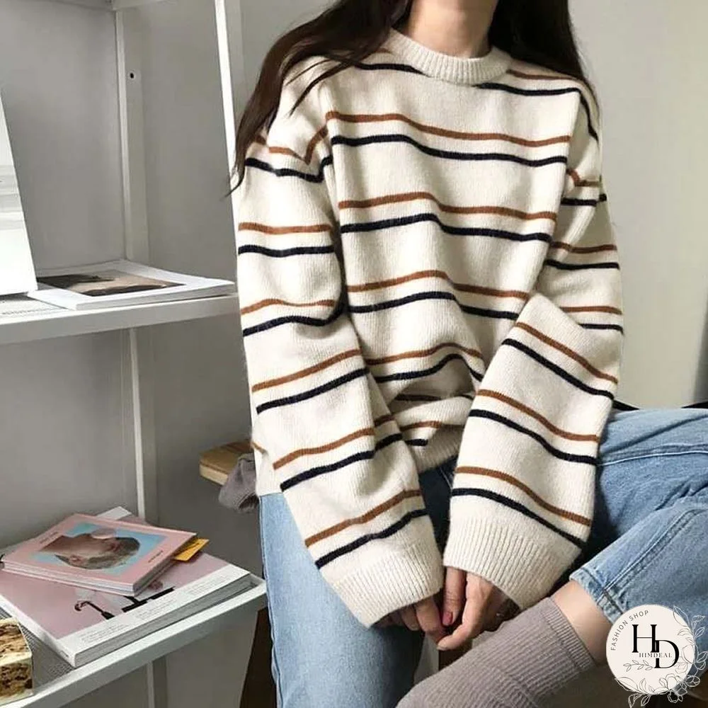 Spring Autumn Stripe Knitting Pullovers Women Soft O Neck All Match Sweet Student Sweaters Chic Korean Fashion Tops New