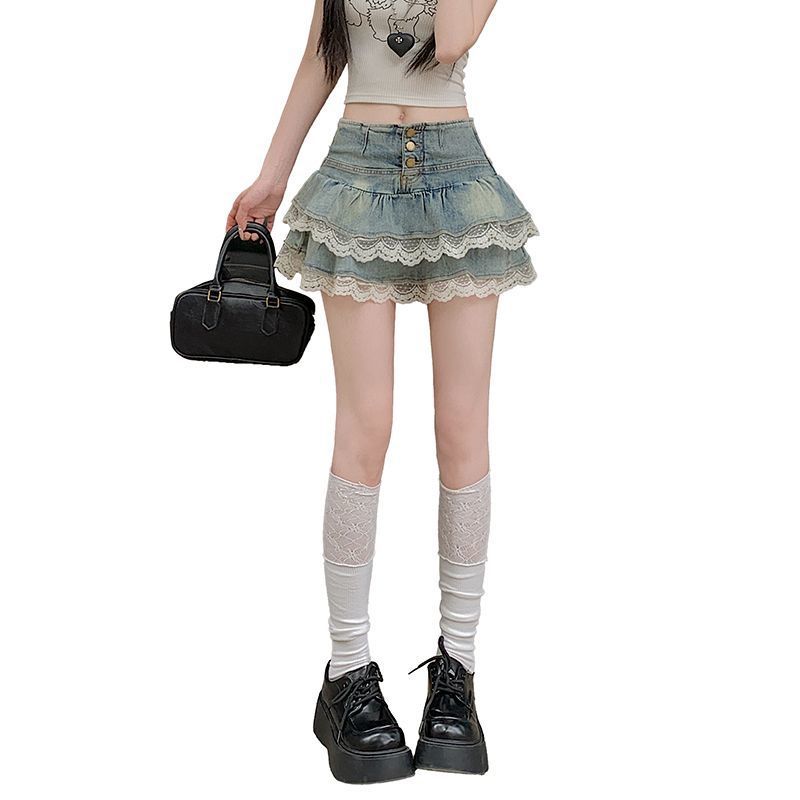 Lace Trim Tiered Denim Mini Skirt