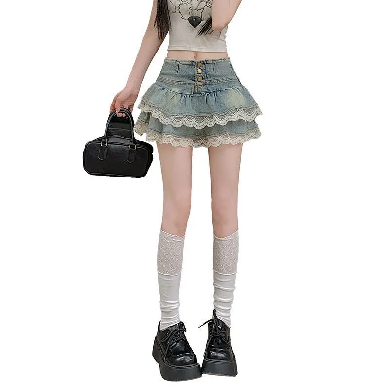 Lace Trim Tiered Denim Mini Skirt