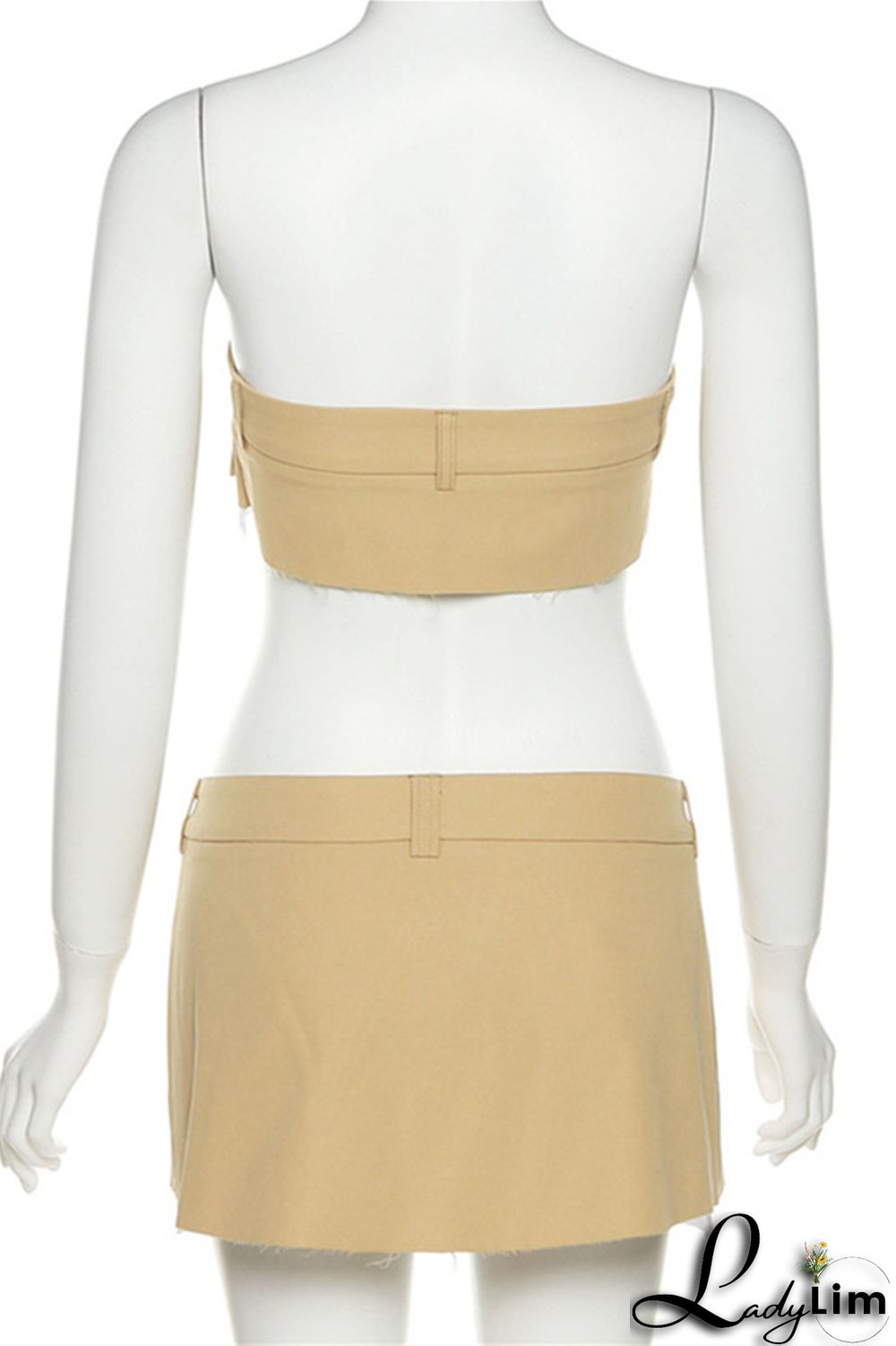 Khaki Fashion Sexy Solid Patchwork Backless Strapless Sleeveless Two Pieces