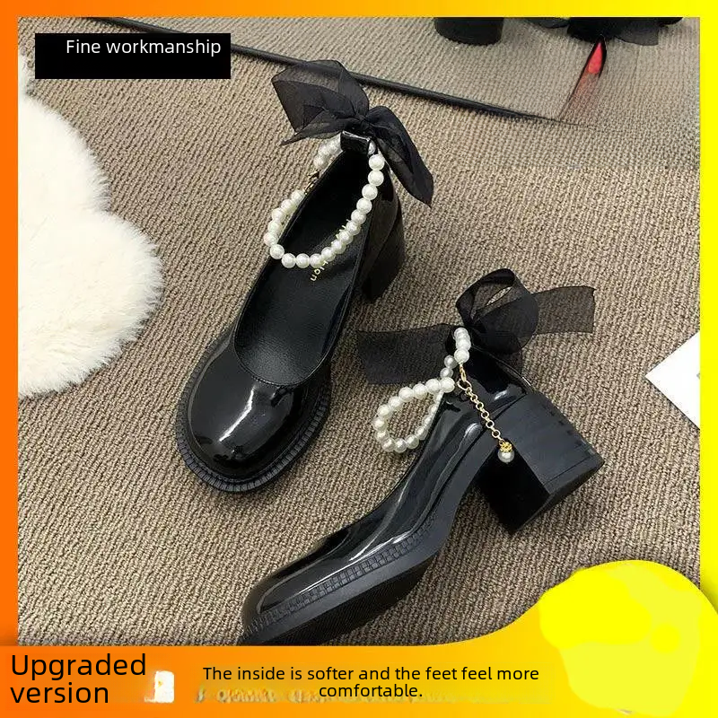 Mary Jane Shoes Women's 2025 Spring Summer New Style Pearl Bow Single Shoes Thick Heel High Heel Fairy Style Small Leather High Heels
