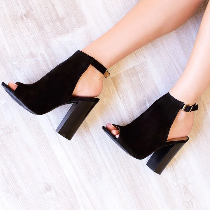 Women's Vegan Suede Black Chunky Heel Slingback Ankle Boots |FSJ Shoes