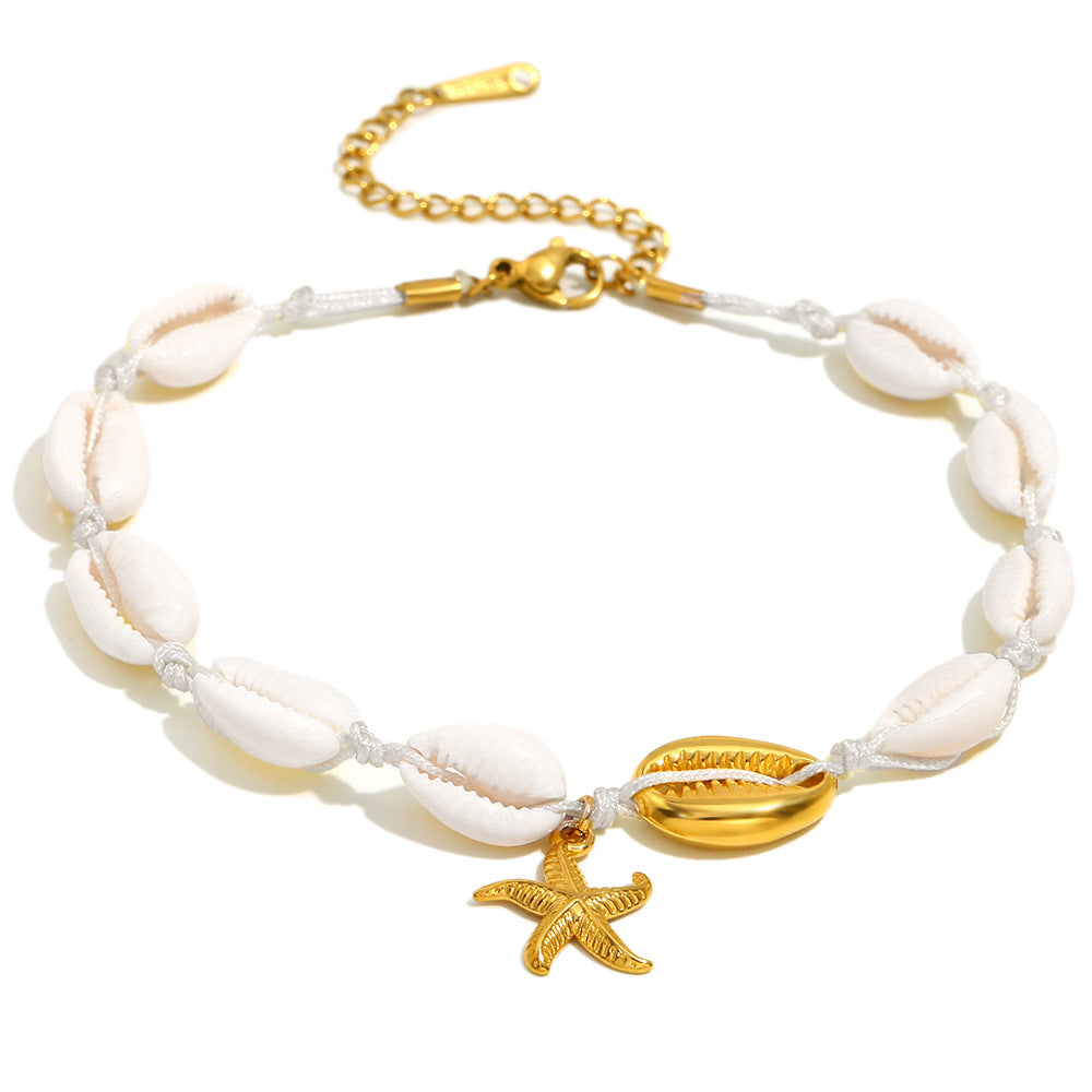 Ins Fashion Niche Personality Foot Ornaments Stainless Steel Plated 18K Gold Beach Style Shell Starfish Anklet Female