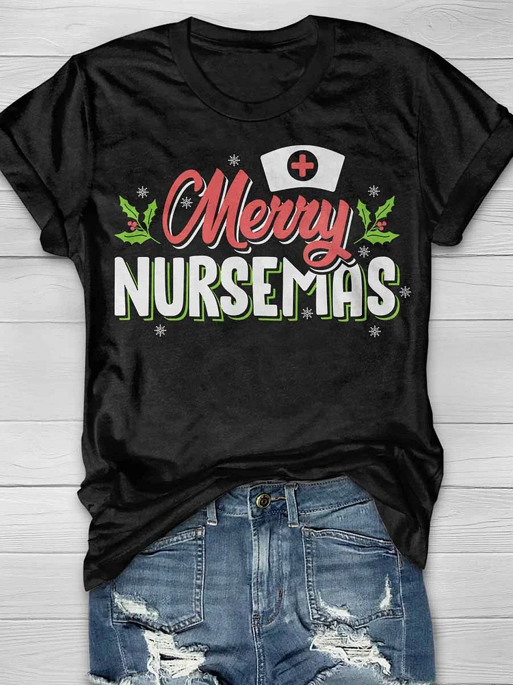 Merry Nursemas Print Short Sleeve T-shirt