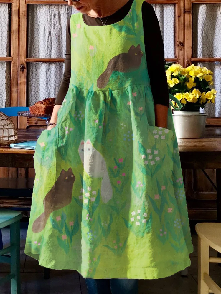 Oil Painting Art Cat Pinafore Midi Dress