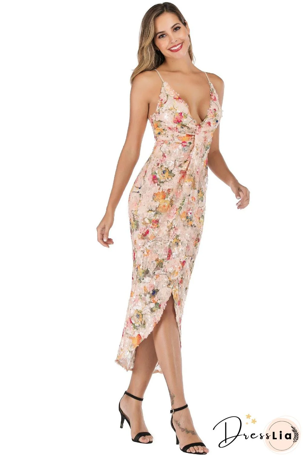 Digital Printed Asymmetrical Hem Sequined Dress