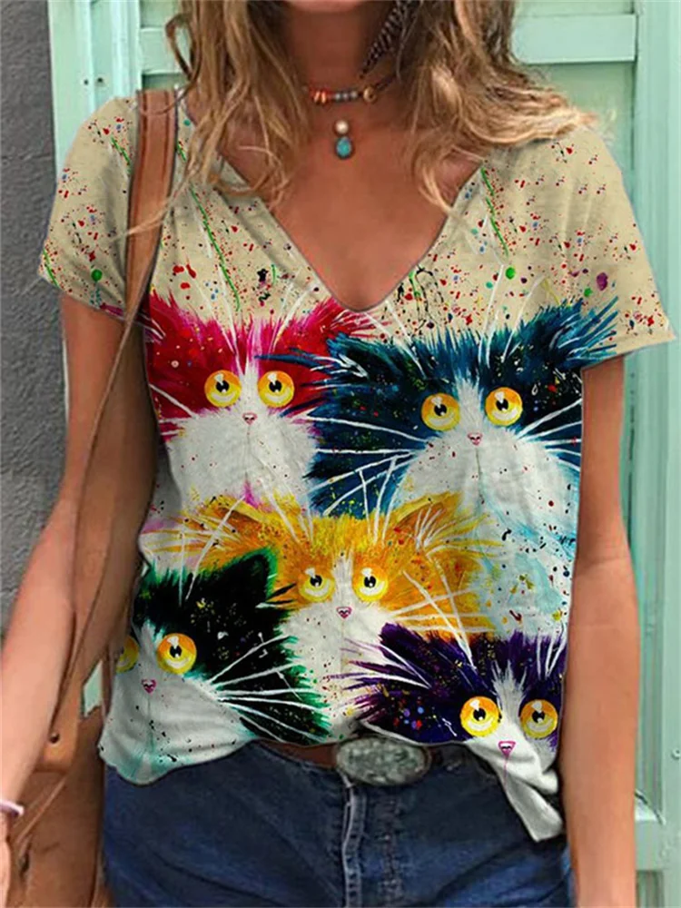 Colorful Fuzzy Cats Art V Neck T Shirt