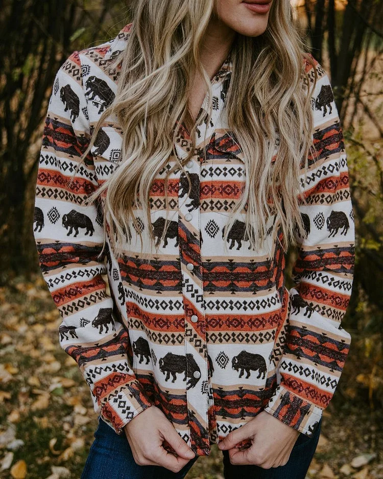 Geometric Print Buttoned Long Sleeve Shirt Jacket