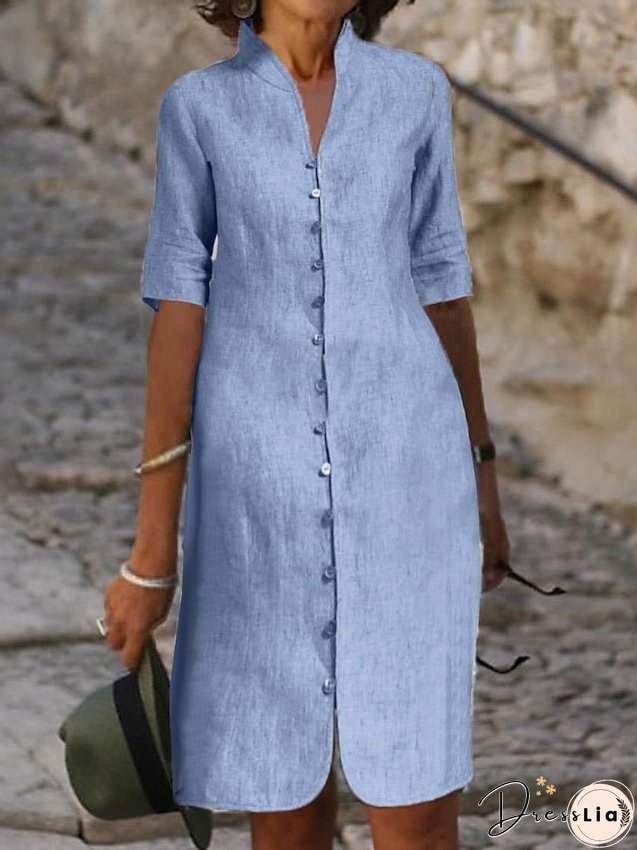 Shirt Dress Casual Dress Cotton Linen Dress Midi Dress Cotton Blend Basic Modern Outdoor Daily Vacation Stand Collar Button Half Sleeve Summer Spring Fall Loose Fit Blue Plain S M L XL for Women