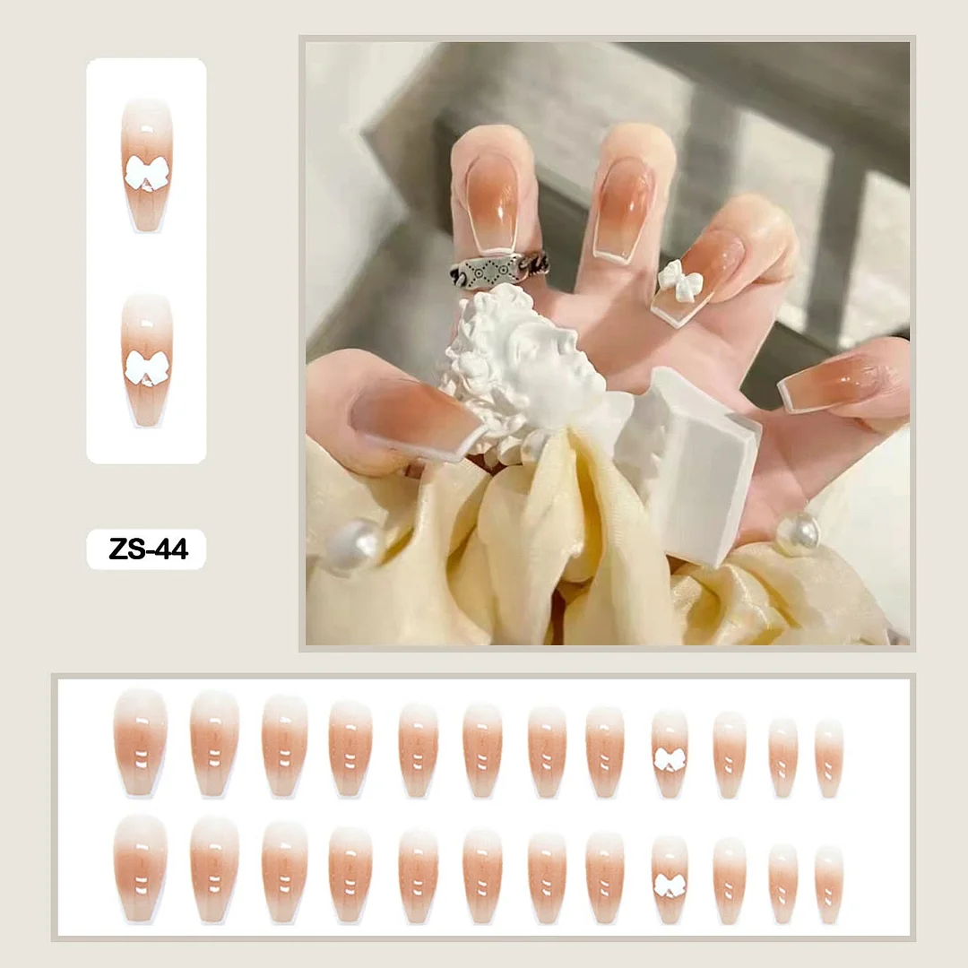 24pcs Artificial Diamond Gradient Fake Nails With Glue Lovely Pink Flesh-colored Nail Art Fake Nails Long With Wearing Tools-Nail Inspo