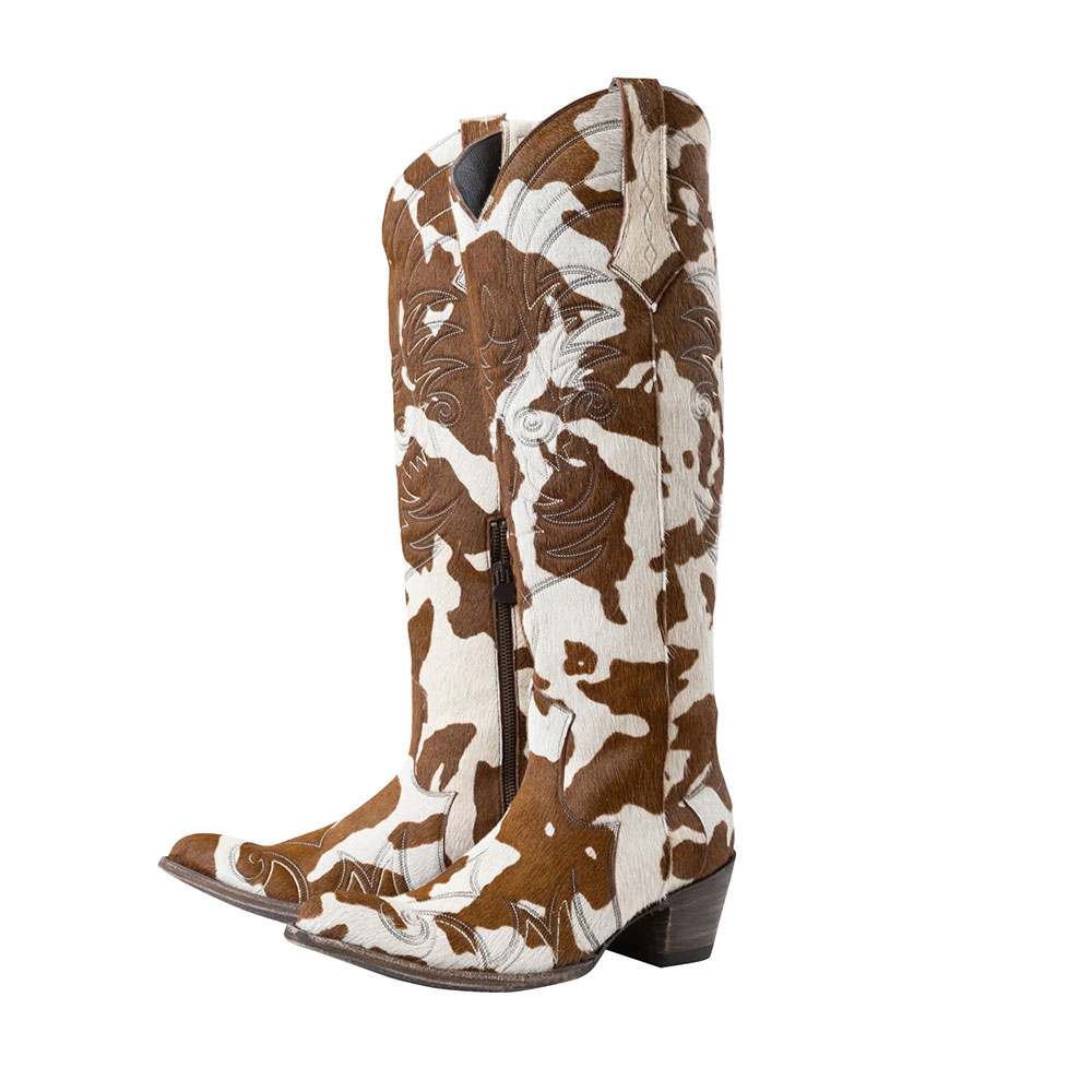 Brown & White Embroidered Calf Hair Block Heel Cowgirl Boots for Women Nicepairs