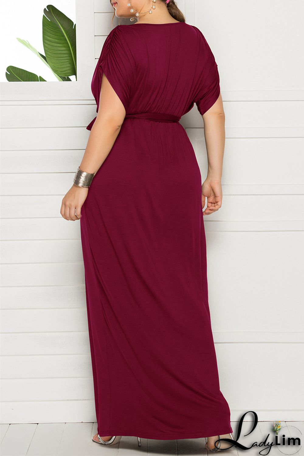 Burgundy Fashion Casual Plus Size Solid Split Joint V Neck Long Dress