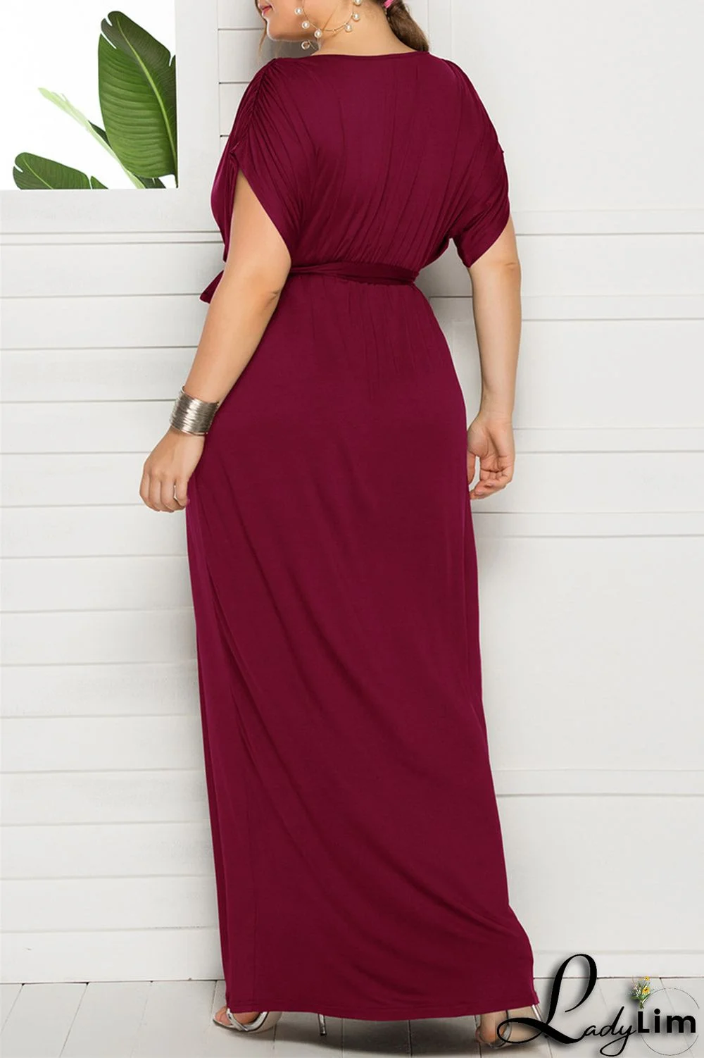 Burgundy Fashion Casual Plus Size Solid Split Joint V Neck Long Dress