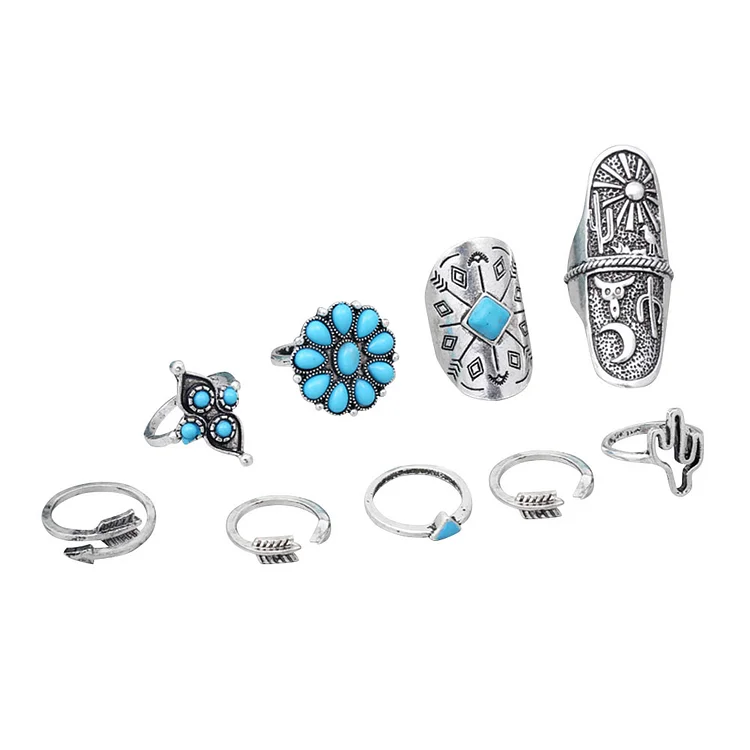 9pcs Turquoise Rings Flower Cactus Triangle Arrow Combination Knuckle Ring-Annaletters