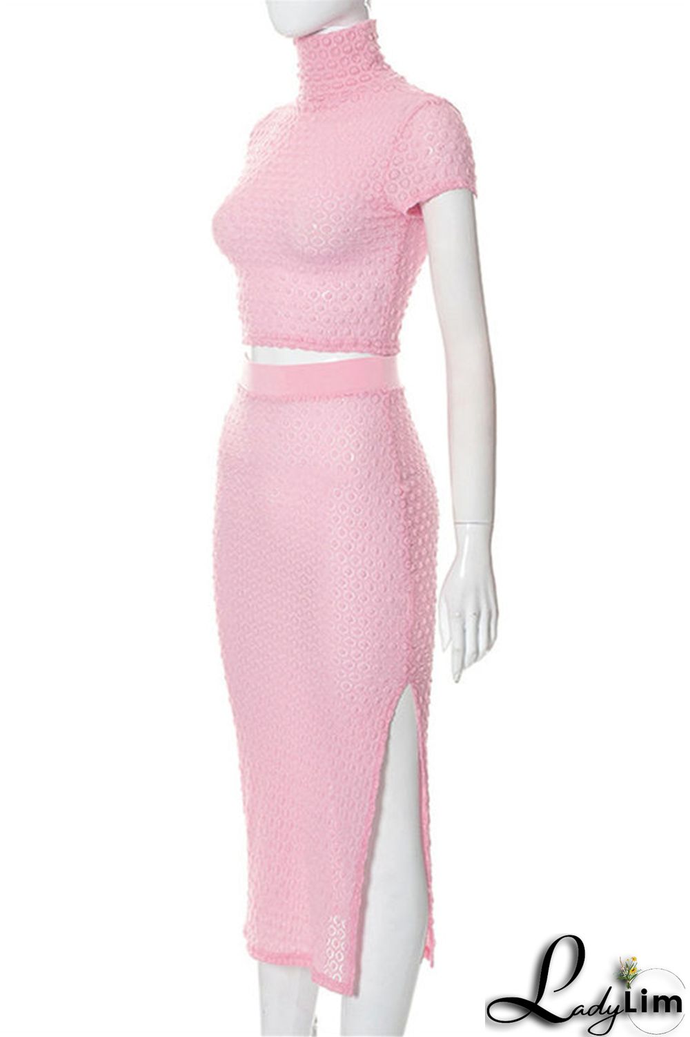 Pink Fashion Casual Solid Patchwork Slit Turtleneck Short Sleeve Two Pieces
