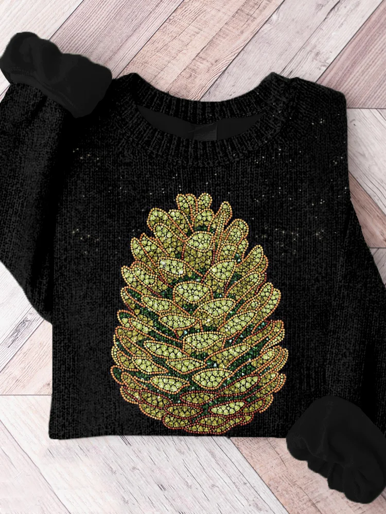 Comstylish Glitter Rhinestone Pine Cone Art Comfy Sweater