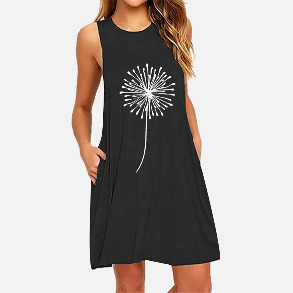 Women's Summer Casual Swing T-shirt Dresses Dandelions Printing Beach Cover Up With Pockets Loose T-shirt Dress robes pour femme