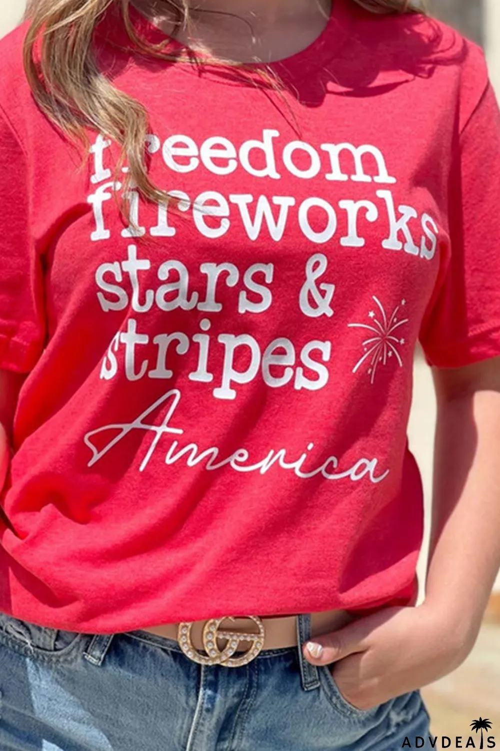 Red American Freedom Day Slogan Print T Shirt
