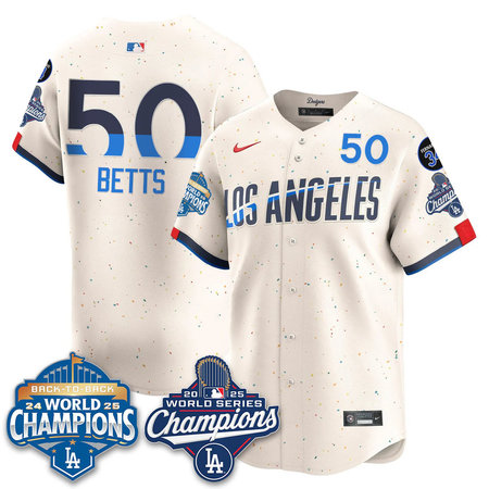 Men's Los Angeles Dodgers #50 Mookie Betts Cream 2025 World Series Champions Jersey