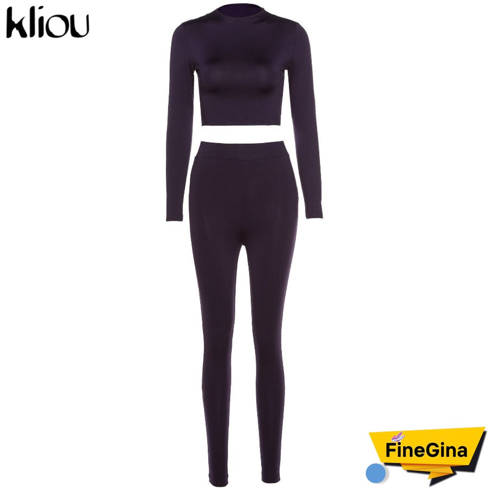 Kliou fashion tracksuit women turtleneck full sleeveless crop top+leggings matching set stretchy sporty fitness casual outfits
