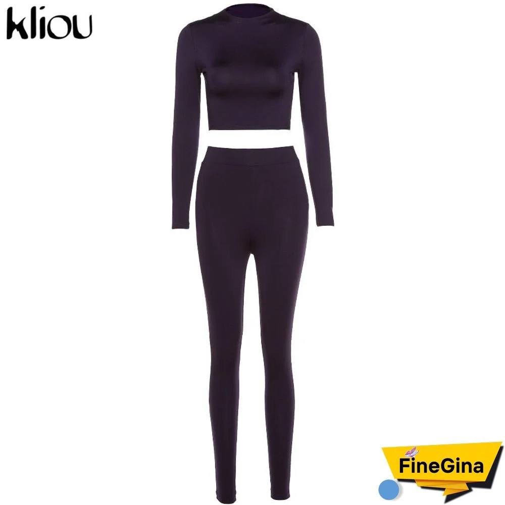 Kliou fashion tracksuit women turtleneck full sleeveless crop top+leggings matching set stretchy sporty fitness casual outfits