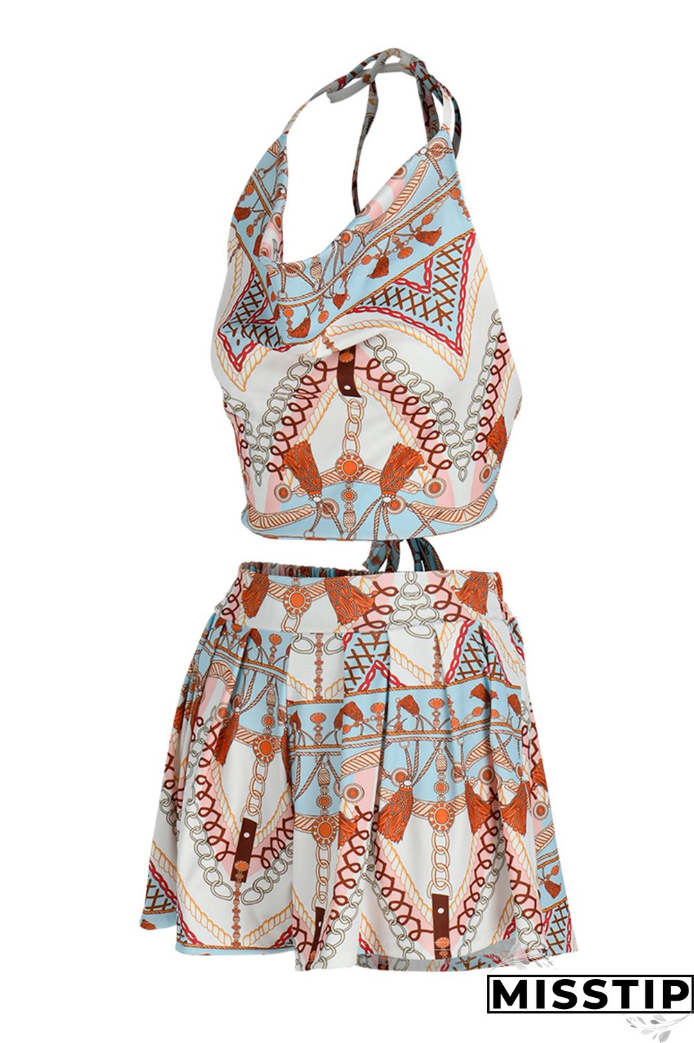 Orange Fashion Print Backless Strap Design Halter Sleeveless Two Pieces