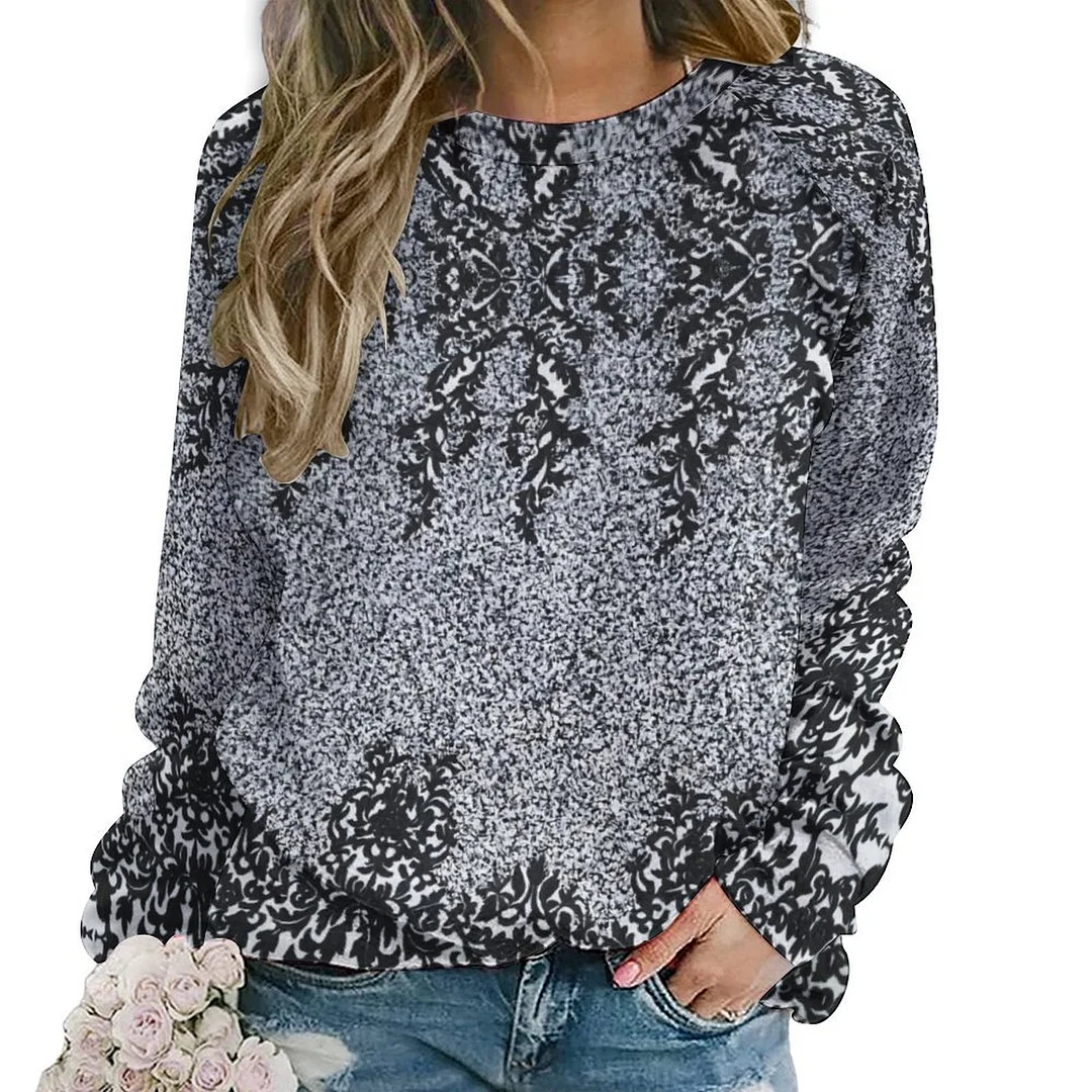 Printed Long Sleeve Casual Sweatshirt for  Women and Men Unisex Pattern Floral, Black, Gray