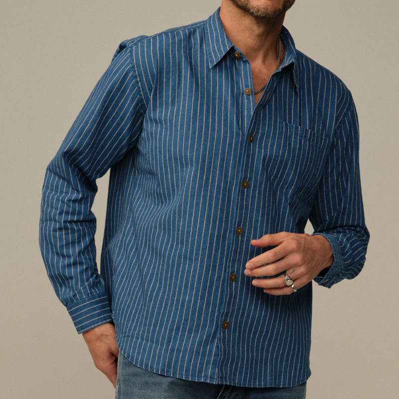 Men's Striped Blue Cotton Lapel Single Breasted Shirt