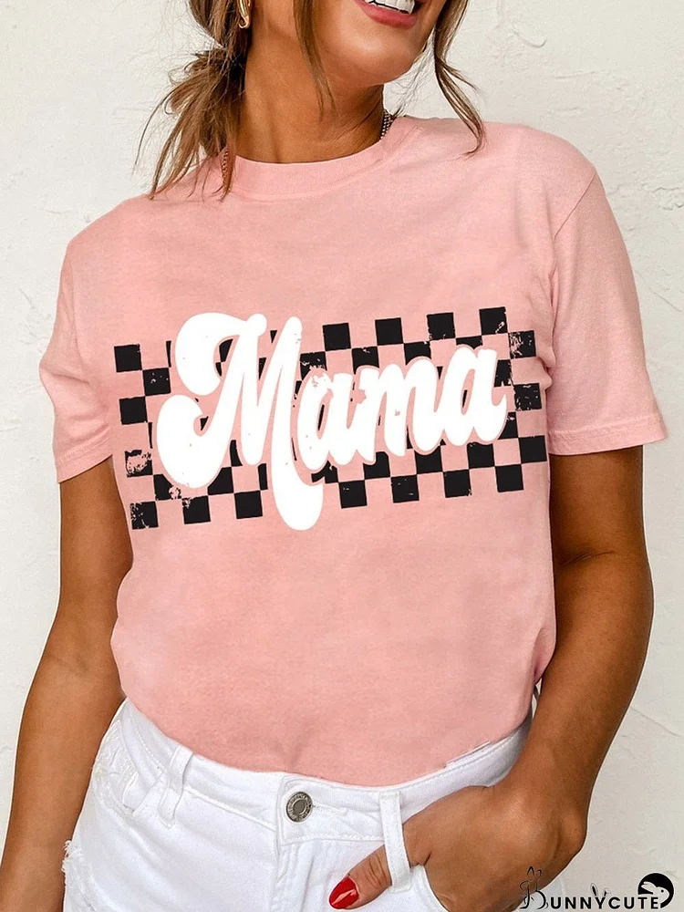 Pink Plaid Mama Round Neck Casual Tee